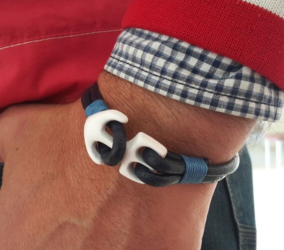 Mens Leather Bracelet White Anchor Clasp Navy Blue Leather