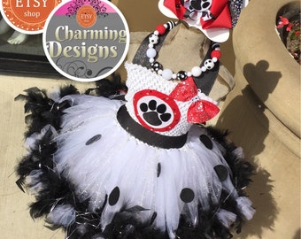 3 piece - Dalmatian Marshall TuTu dress Over the TOP with OTT Bow & Necklace - 101 Dalmations Costume - 1 - 8 yrs by Charming Designs