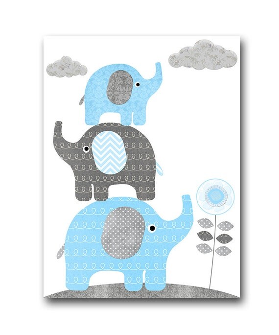 Grey Blue Elephant Digital Wall Art Baby Boy Wall Decor