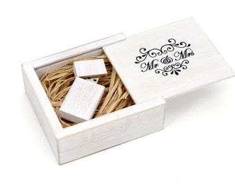 Antique Maple Wood 8GB/16GB USB Flash Drive with Printed Maple Wooden Box Filled with Raffia Grass. Wedding White - MR & MRS Design!
