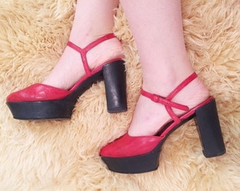 SALE was 138 1970s Red Platform Heels/ 70s Platforms made in Paris