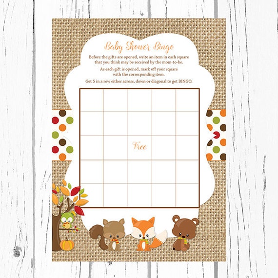 Fall Woodland Baby Shower Bingo Cards Woodland Baby Animals