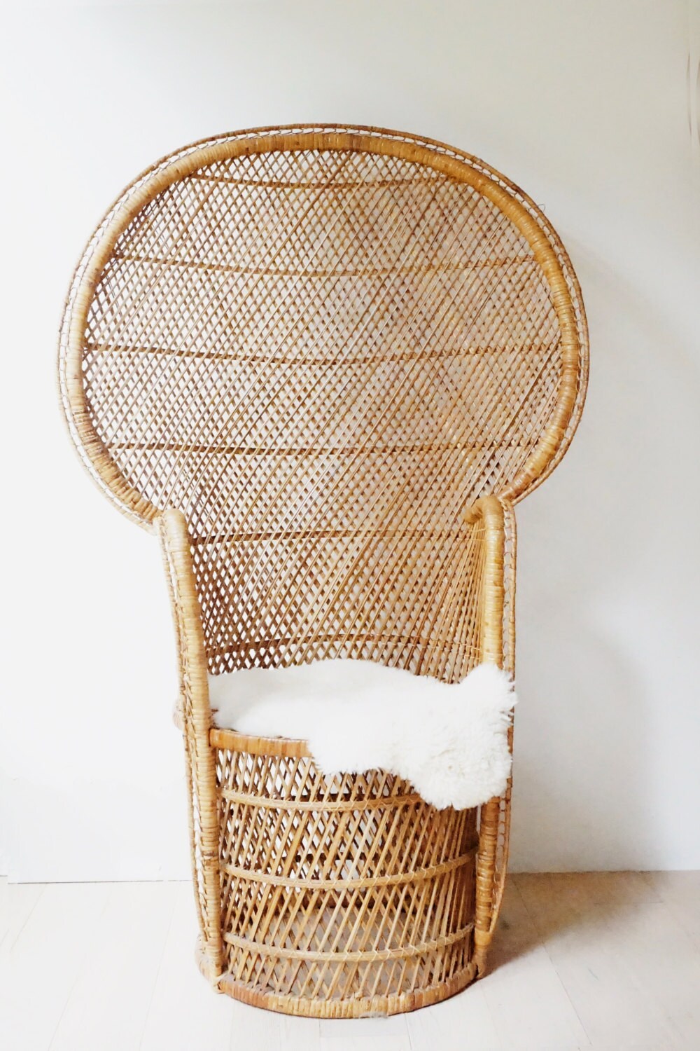 Vintage Peacock Chair Rattan Full Size Woven Handmade 70s