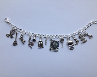 Harry potter charm bracelet, fandom, Hogwarts, silver plated, gifts for her.