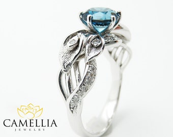 Vintage Ring London Blue Topaz Ring Diamond Antique Milgrain 14K White Gold December Birthstone Gemstone Ring