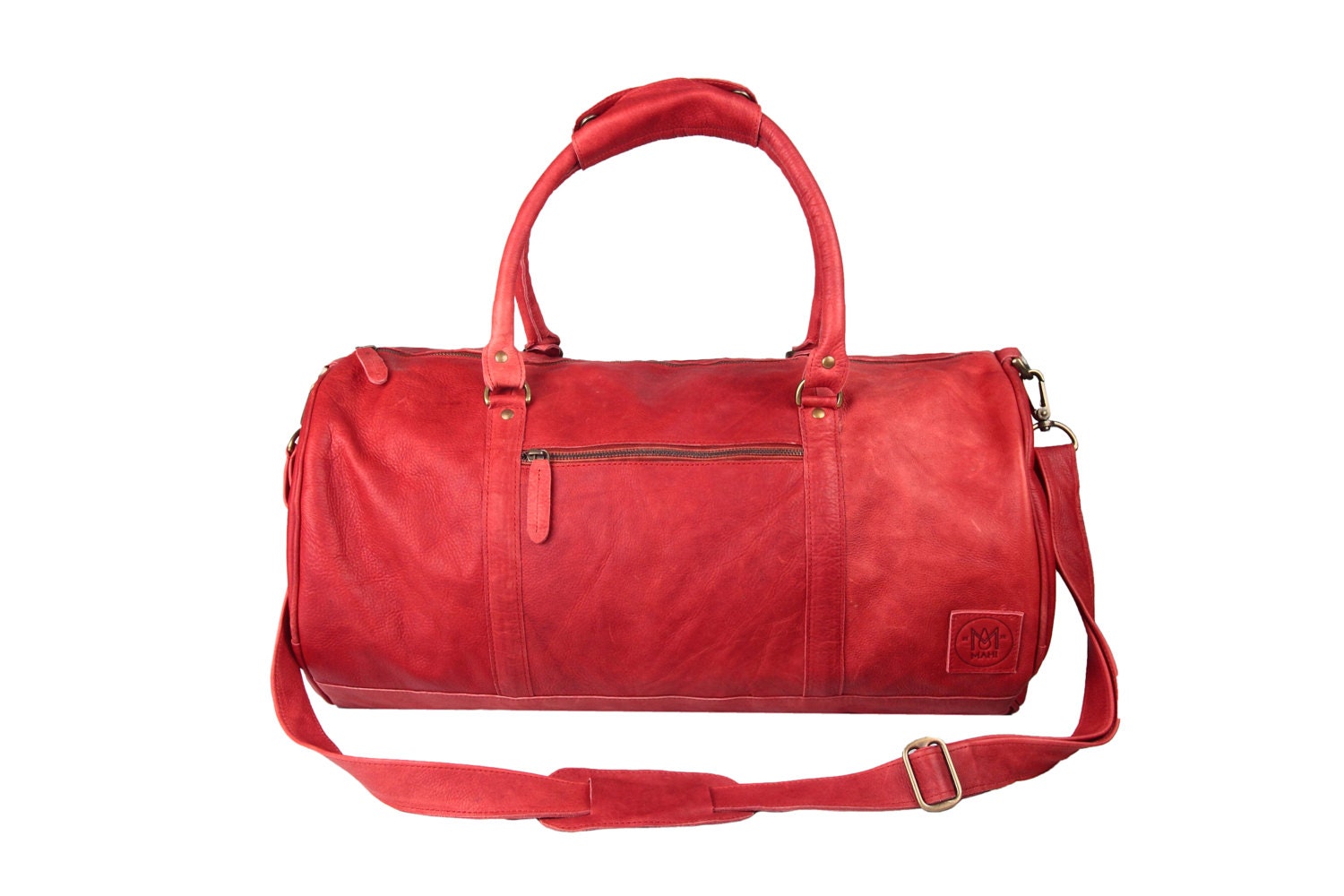 red leather duffle