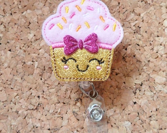 Badge Reels | GLITTER Cupcake ID Badge Reel | | Retractable Name Holder | Nurse Teacher Office Worker Gift| PINK 650