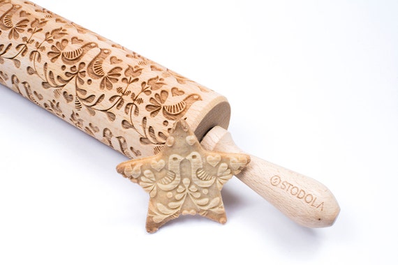 Folk doves pattern - embossed, engraved rolling pin for cookies