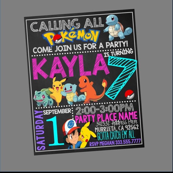 Girl Pokemon Invitations Chalkboard Pokemon Invitation