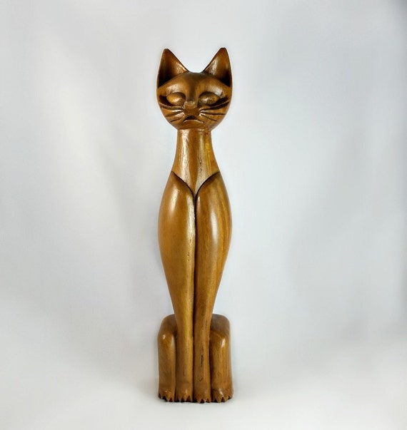 Wood Cat Statue Mid Century Cat Decor Tall Cat Statue