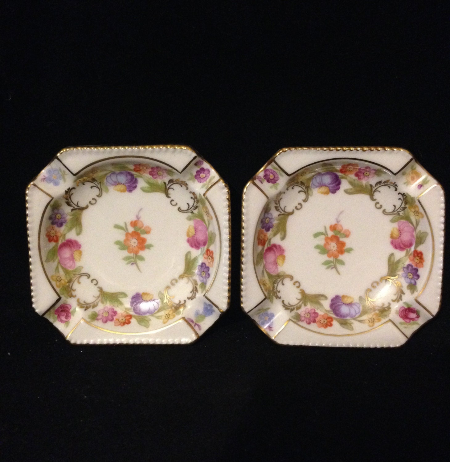 Antique Mini Ashtray Pair Dresden Flowers Schumann Germany