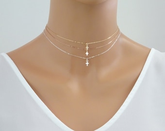 Tiny Cross Necklace, Delicate Gold Cross Choker, Communion Gift, baptism Necklace, Confirmation Gift, Sterling Silver, Rose Gold