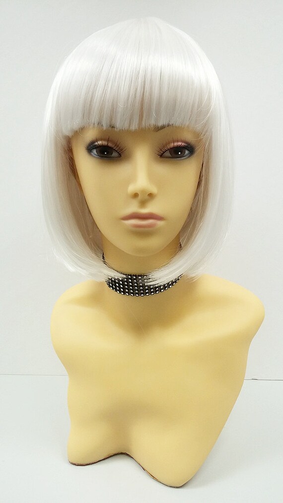 White Short Bob Wig Straight w/ Bangs. Page Boy Wig.