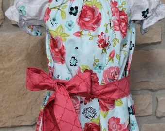 Little Girls Peasant Dress with Removable Sash, Little Girls Dress, Gray and Coral, Floral/Quatrefoil Fabric, Size 3, Ready to Ship