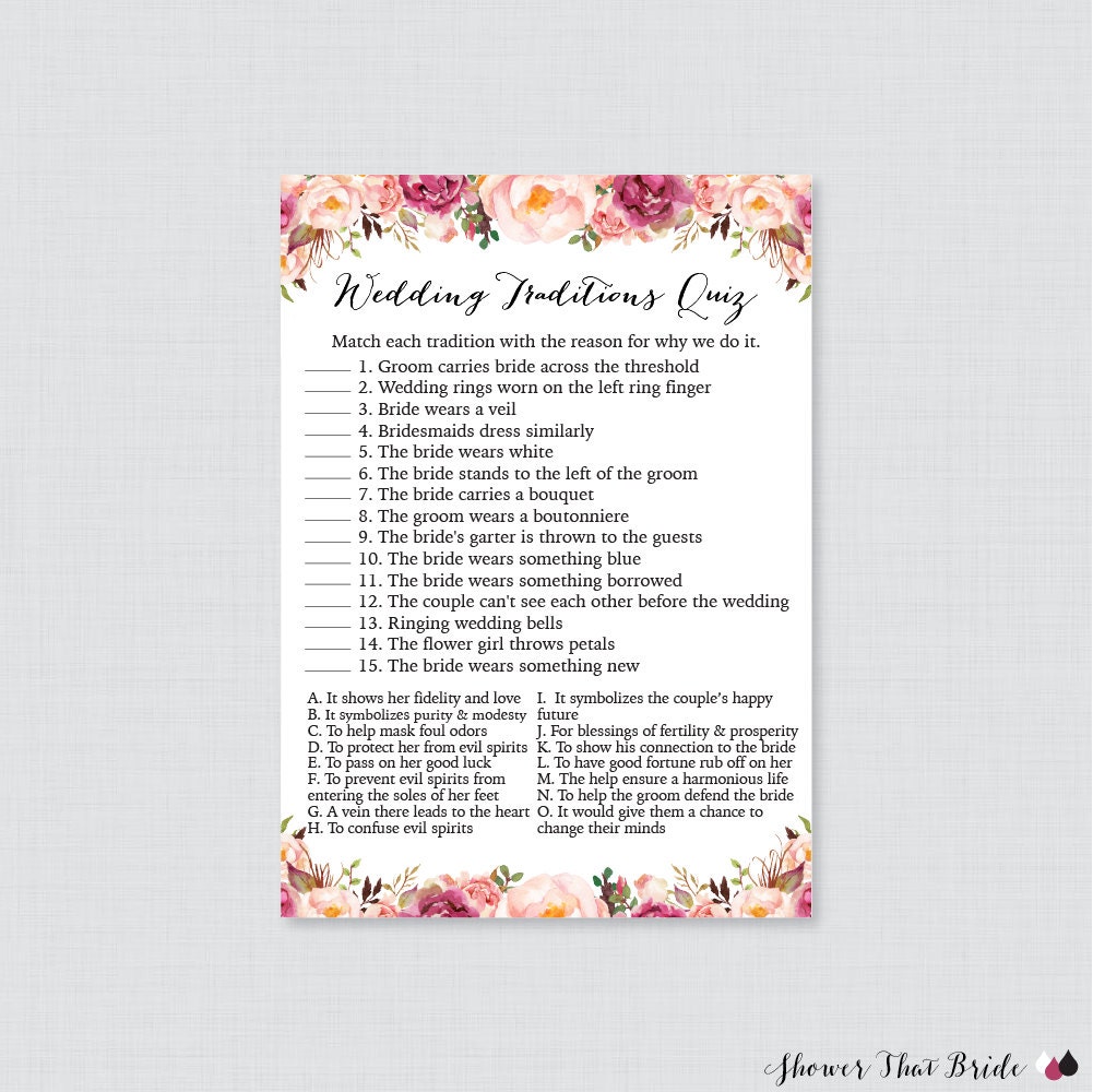 Flower Wedding Traditions Quiz Printable Rustic Floral