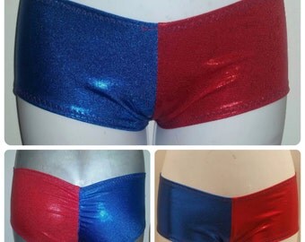 Harley Quinn suicide squad Metallic shimmer blue and red two tone scrunched ruched back boyshorts - booty shorts - bikini bottoms!
