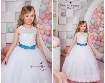 Lace White Flower Girl Dress - Holiday Wedding Birthday Party Bridesmaid Lace White Tulle Flower Girl Dress 15-014