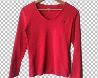 SALE MEDIUM 90s Tommy Hilfiger Red Longsleeve T-Shirt // Tommy Hilfiger Logo T-Shirt // Tommy Hilfiger Basics Women's Medium