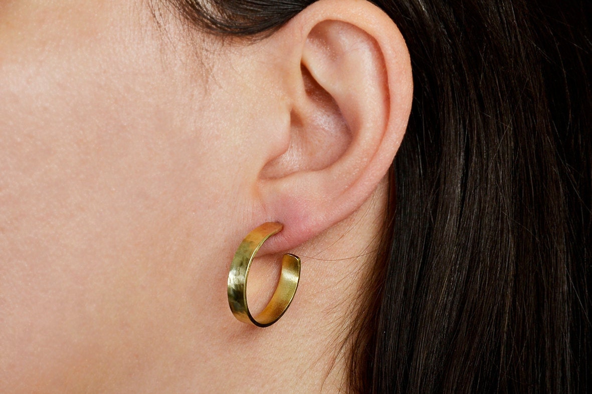Small hammered hoops thin small hoops stud gold earrings