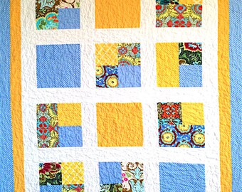 Handmade Quilt, Blue & Yellow Quilt, 43" x 54", Amy Butler Fabric, Modern Quilt, Lap Quilt, Throw Quilt, Child Quilt, Baby Quilt, Crib Quilt