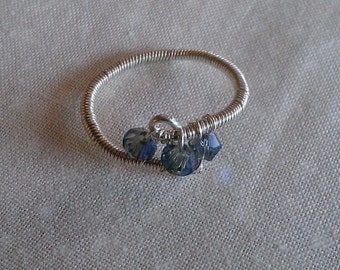 sterling silver ring , wire wrapped ring , handmade jewelry , swarovski crystal ring