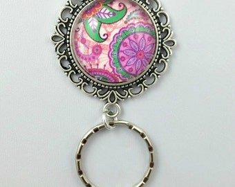Pink Green Paisley Magnetic Eyeglass Holder, Magnetic Id Badge Holder, Name tag holder, Magnetic brooch, Magnetic Reading Glasses Pin