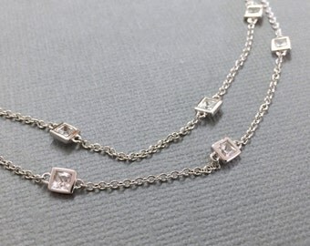 Sterling Silver Necklace, Crystal Necklace, Bridal Necklace, Tiny CZ Necklace, Cubic Zirconia CZ Station Necklace, Bridal Wedding Jewelry