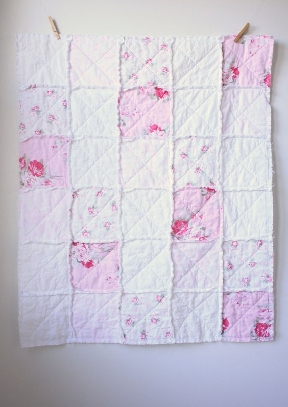 Pink floral rag quilt Baby girl rag quilt Shabby chic rag