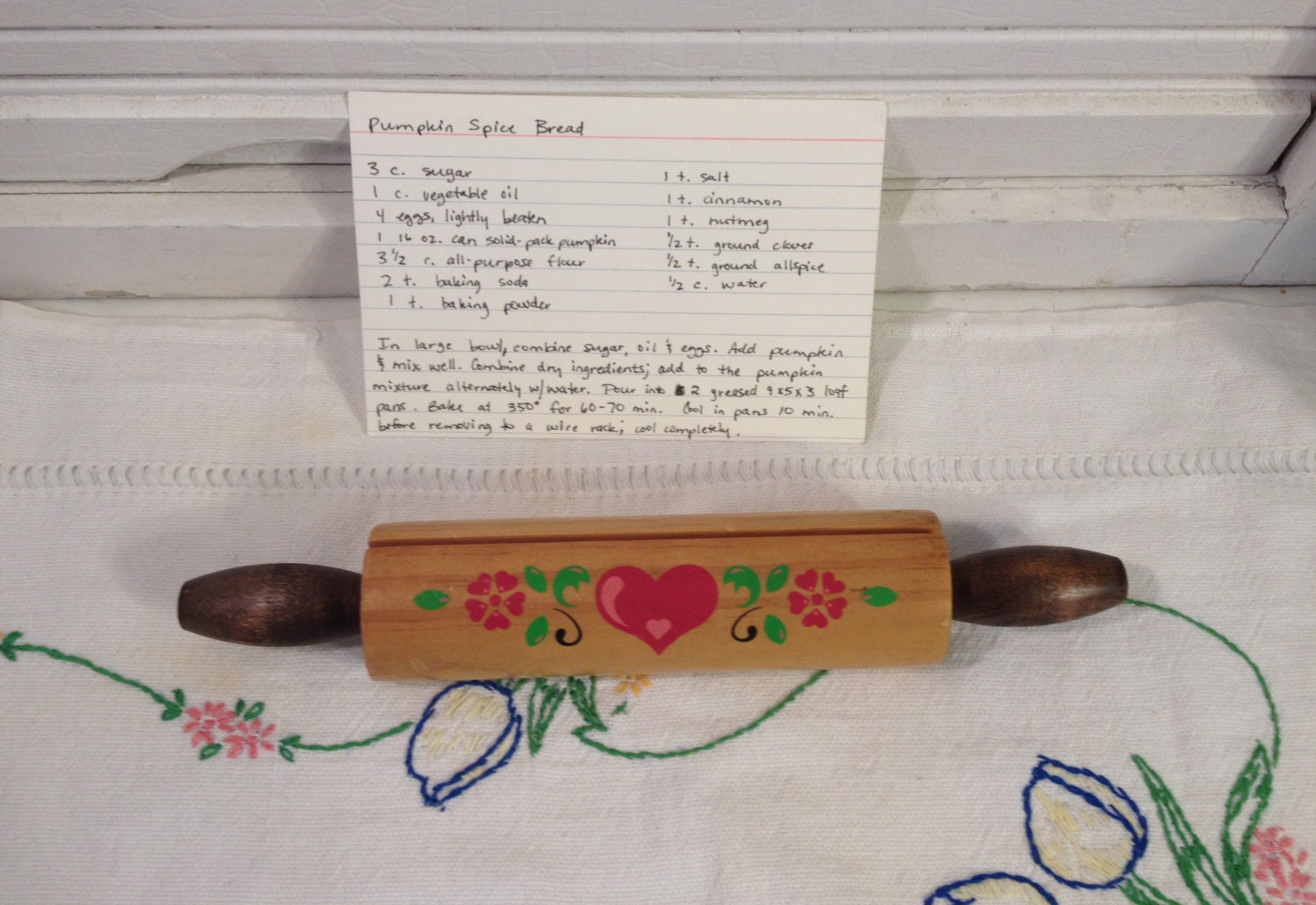 Recipe Card Holder Wooden Rolling Pin with Heart Flowers