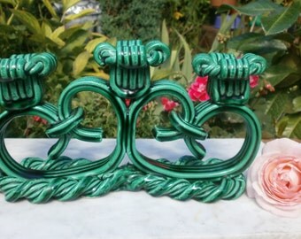 french Vintage Candlestick Triple twisted Green Majolica Art Deco - candlestick triple in barbotine twisted Green Art Deco