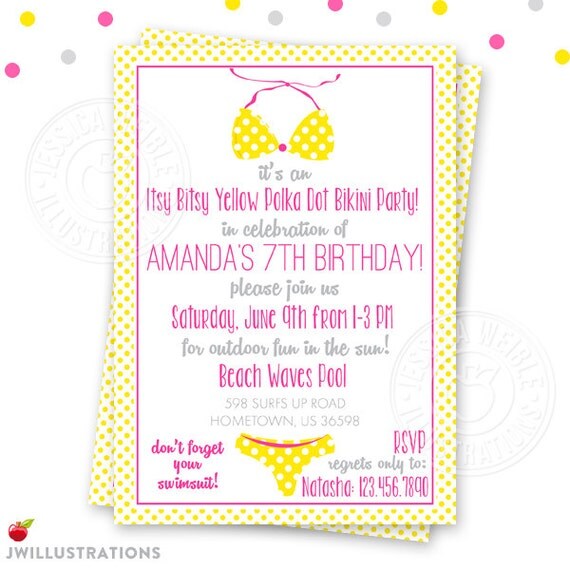 Yellow Polka Dot Bikini Printable Birthday Invitation Custom My XXX