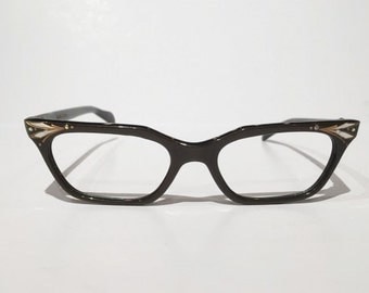 Vintage Frame France 1960s Mink Cateye Glasses Frames, New Old Stock, Brown Pearlescent Cat Eye Frames Rhinestones Atomic Gold Sunglasses