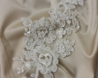 Ivory Lace applique, Beaded lace applique, French Chantilly lace applique, 3D lace, bridal lace applique