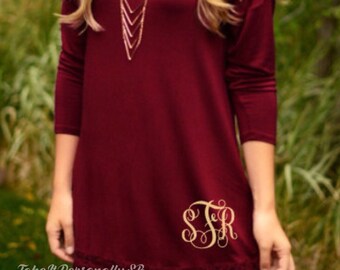 Monogrammed Dress / Monogrammed Tunic / Ladies Tunic Dress / Monogram Dress - Lace Crochet Trim - 3/4 quarter length sleeve tunic