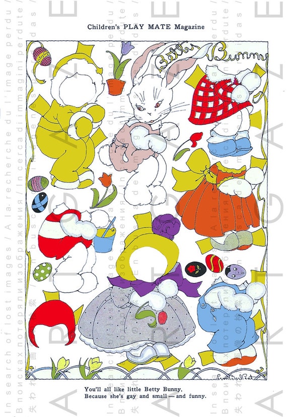 Vintage Rabbit Paper Doll. Cute Easter Bunny Dress Up Doll.