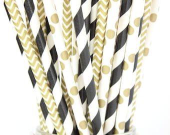 Black and gold paper straw-set of 25, graduation party straws, graduation cake pops, masquerade party straws,New Year's Eve straws