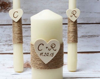 Wedding Unity Candle Set Rustic Ivory Unity Candle Burlap Church Ceremony Set