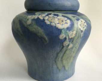 Newcomb College covered jar, freesia flowers, 1920, Henrietta Bailey