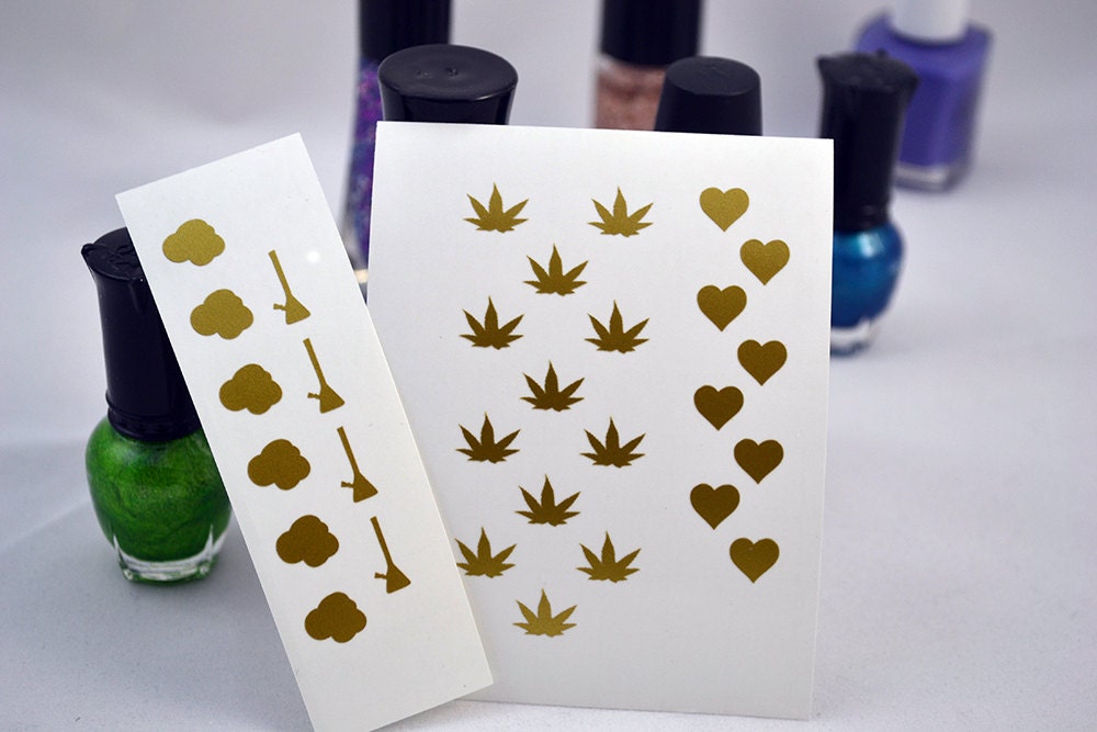 Stoner Marijuana Nail Decals Gold Vinyl Cannabis leaf Bong