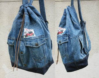 denim backpack upcycled jeans big drawstring by UpcycledDenimShop