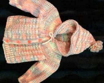 Classic, 1980s Hand-Knit, Hooded Baby Cardigan, "An Original By Jayanti" in Multi-Color Orange and Yellow Hues