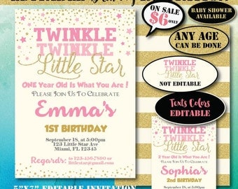 Self-Editing Twinkle Twinkle Little Star Birthday Invitation-Instant Download-Printable Birthday Invitation-First Birthday-Any Age-A107-G
