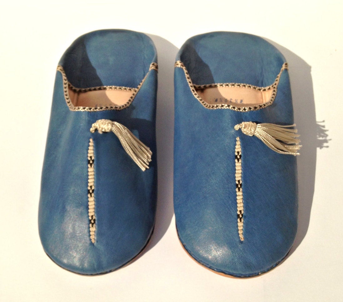 Moroccan Leather Slippers. Leather Blue Babouches. Handmade