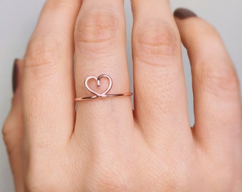 Rose Gold Heart Ring, Love ring, Heart ring, Rose gold ring, Wire ring, Stackable ring, Gold ring, Bridesmaids ring, Adjustable ring, Gift