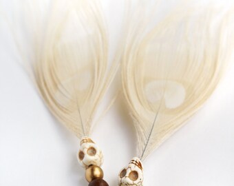 Feather earrings / Feather jewelry / Skull earrings / Albino peacock feathers / Peacock earrings / Skull jewelry / Gypsy earrings