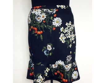 STRAIGHT SKIRT With Volant, Lined xxl xxxl Made of Black Stretch Cotton Printed With Floral Design