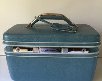Vintage Train Case, Blue Textured Hard Train Case, Samsonite Silhouette With Adjustable Mirror, Travel Case
