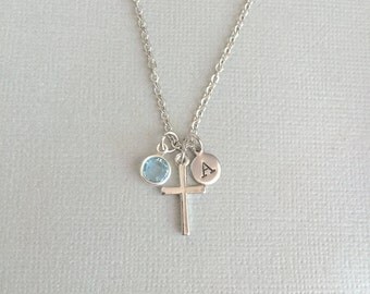 Personalized Cross Necklace, Religious Necklace, Baptism Necklace, Initial Necklace, First Communion Gift, Catholic Necklace, Hand Stamped