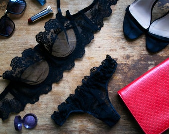 Black Lace Bralette, Black Bridal Set, Naughty Intimates, Lace Loungewear, Sexy Sleepwear Set, Thong Panties, Exotic Lingerie, Boho Lingerie