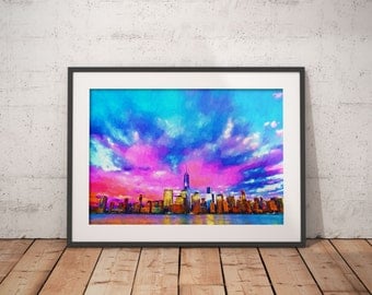 New York City Skyline Pink Clouds Print, Painting,
